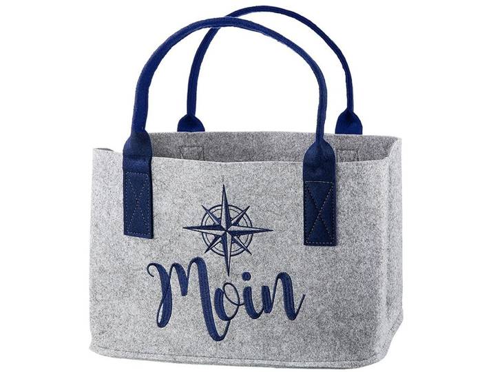 Einkaufsshopper GILDE Tasche, Moin , Schriftzug, Windrosenmotiv, Filz, grau , grau, B:40cm H:26cm T:26cm, Kunststoff, Einkaufskörbe, Einkaufsshopper, Windrose, Einkauf, Alltagsbegleiter, Geschenkidee, Aufbewahrung
