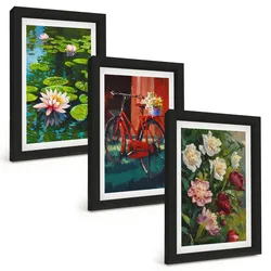 BILDER SET 3er Set - 20x30 cm Schwarzer Rahmen - Lilien im Garten, bunte Blumen