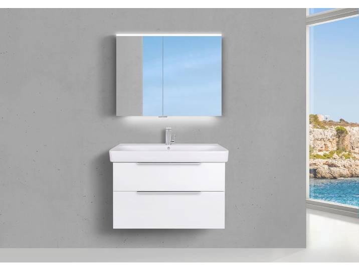 Badmöbel Set mit Geberit Smyle Waschbecken 90 cm, Unterschrank und Spiegelschrank