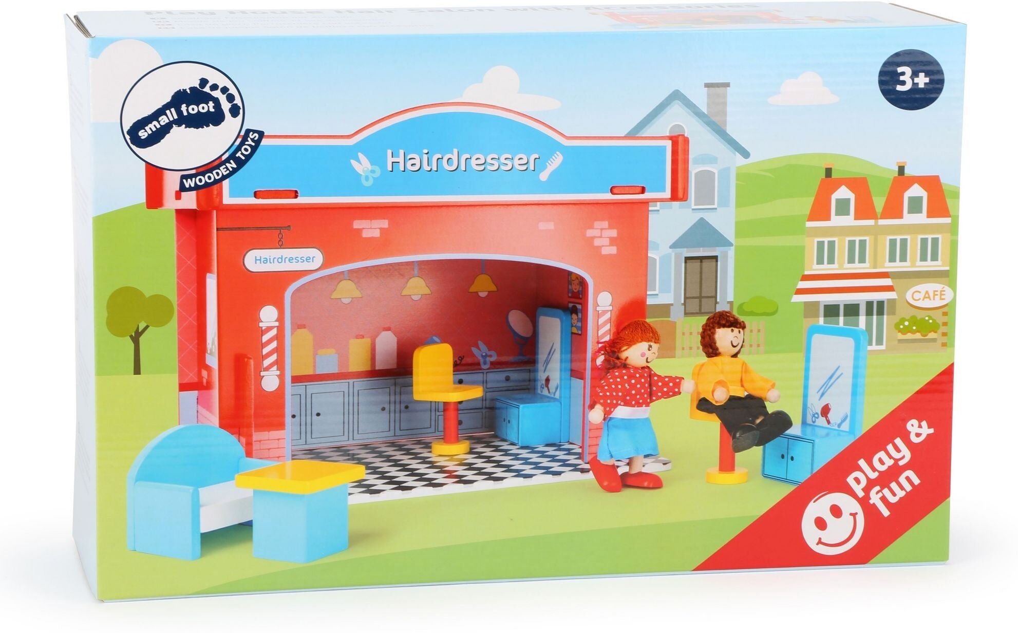 small foot Wooden Hair Salon Playset for Children - Ages 3 and Over - Wooden Dolls and Accessories Included