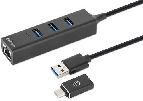 Manhattan 180894 USB-Hub 4 Port USB-A, RJ45 USB 3.0 5 GBit/s mit eingebautem Netzwerk-Anschluss Schwarz 180894