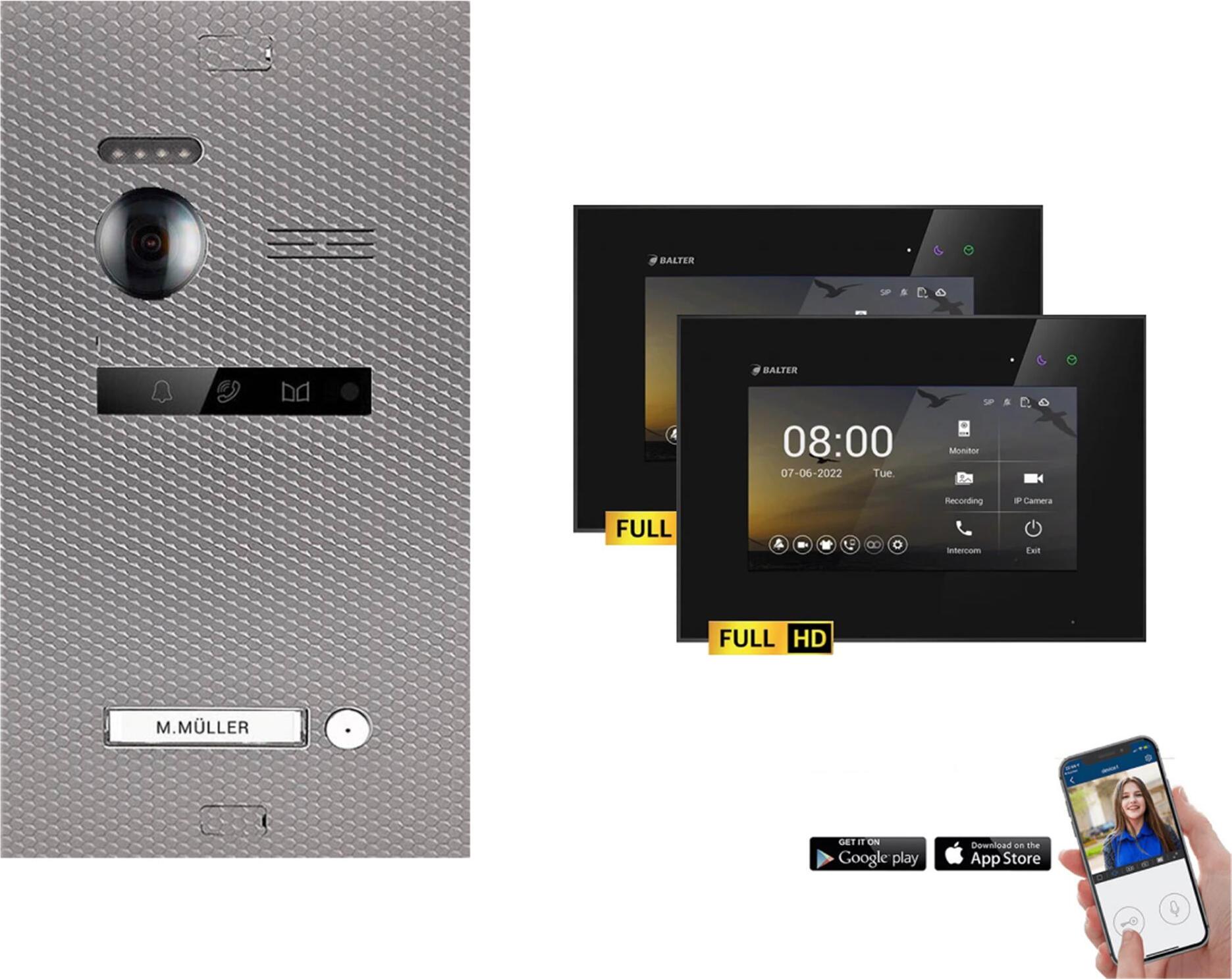 HD WLAN Video Sprechanlage BALTER EVO für 1-Familienhaus, 2x Monitor, mit Smartphone App Schwarz-Karbon-Silver