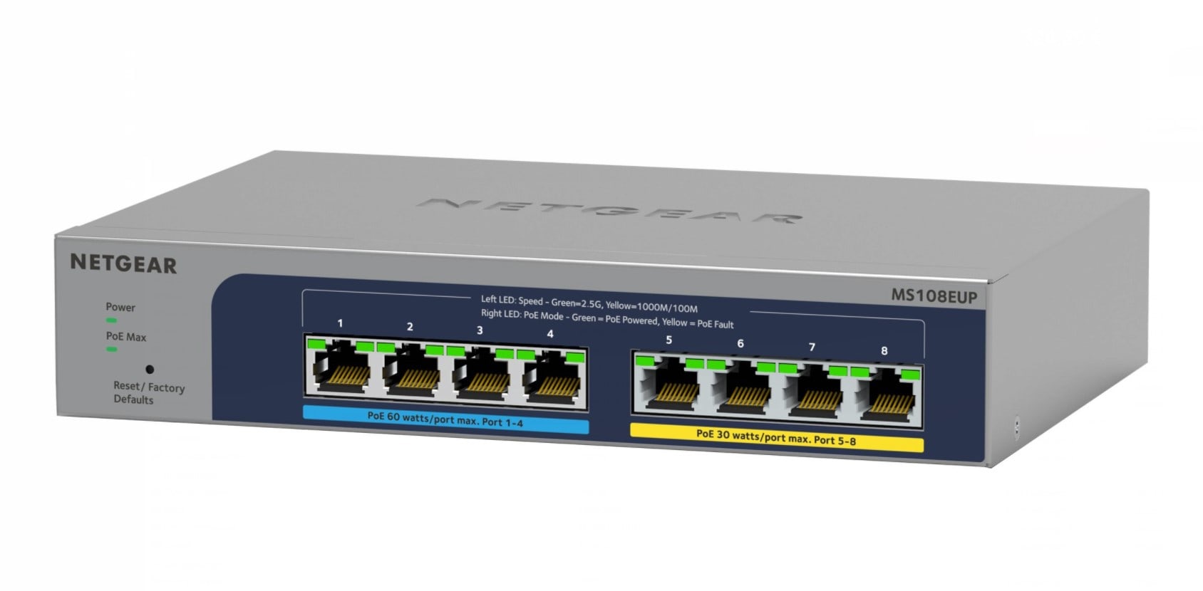 NETGEAR MS108EUP 8 Port 2.5 gbit Switch | Multi-Gigabit LAN PoE Switch (Managed Netzwerk Switch Ultra60 PoE++, 230W PoE Budget mit 4 PoE+/++ Ports, lüfterlos, WiFi-6 Access Point Konnektivität) MS108EUP-100EUS