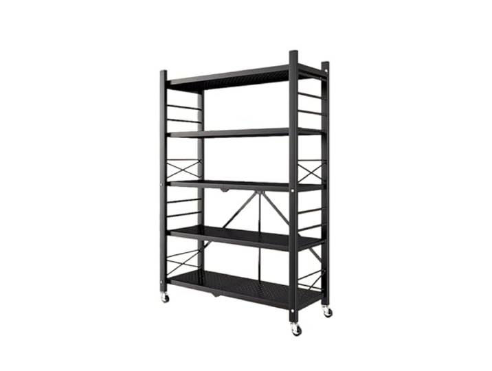CQCCQ Kostenlose Installation Klappregal, Metall-Bodenregal mit Rollen, Mikrowellen-Topfregal, Geeignet for Wohnzimmer-Badezimmer(Black,100x34x162.5cm)