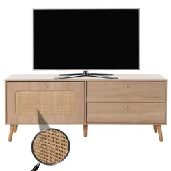 TV-Rack HWC-M38, Lowboard Fernsehtisch TV-Schrank Kommode, Schublade Türe, Kubu Rattan Holz 56x140x41cm Eiche-Optik