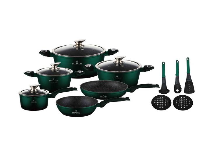 Edenberg Topf-Set Wunderschönes dunkelgrünes Topfset mit Kasserolle, Pfannen, Aluminiumguss, Keramik, Edelstahl (Schöne Töpfe mit einzigartigem Design, 15-tlg., Zeitloses Design des Topfsets. Eine ideale Geschenkidee! Hochwertig)