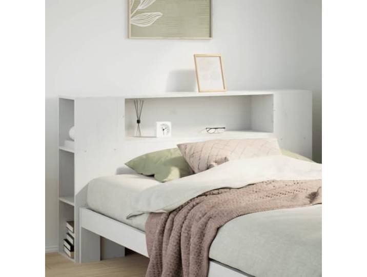 RJPLMFV Kopfteil mit Aufbewahrung, weiß, 160 cm, massives Kiefernholz 7 Fächer, freistehend, ersetzt Nachttisch, platzsparend, Schlafzimmer