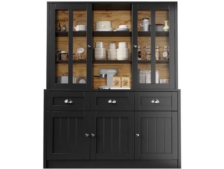 Vitrine buffet haut SENVIRO - 140 x 40 x 175 cm 3 portes vitrées 3 tiroirs MDF et acrylique noir