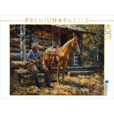 CALVENDO Puzzle Die Hütte im Wald - Cowboy und sein Pferd | 1000 Teile Lege-Größe 64x48cm Foto-Puzzle für glückliche Stunden