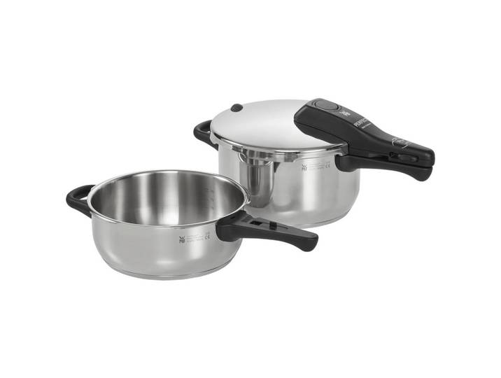 WMF Schnellkochtopfset Perfect, Edelstahlfarben, Metall, 2-teilig, 4,5 l, abnehmbare Griffe, 2-Stufen-Garregler, Kochgeschirr, Töpfe, Schnellkochtöpfe