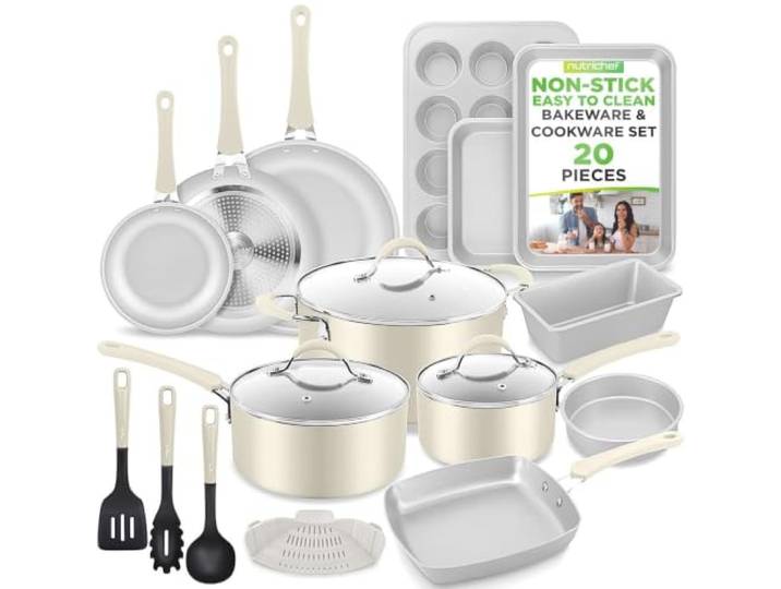 Nutrichef 20-teiliges Topf- und Pfannenset mit Deckel, Antihaft-Kochgeschirr und Backgeschirr-Set, Bratpfannen und Töpfe, kühl bleibende Griffe, leicht zu reinigen, Weiß