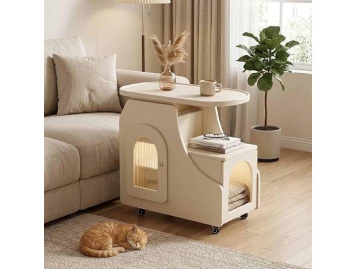 KAFHGEIN 2-Ebenen Beistelltisch aus Massivholz mit Schrank und Glastür Moderner Beistelltisch Couch mit Stauraum auf mehreren Ebenen, Glastür und drehbarer Platte für Sofa, Leseecke