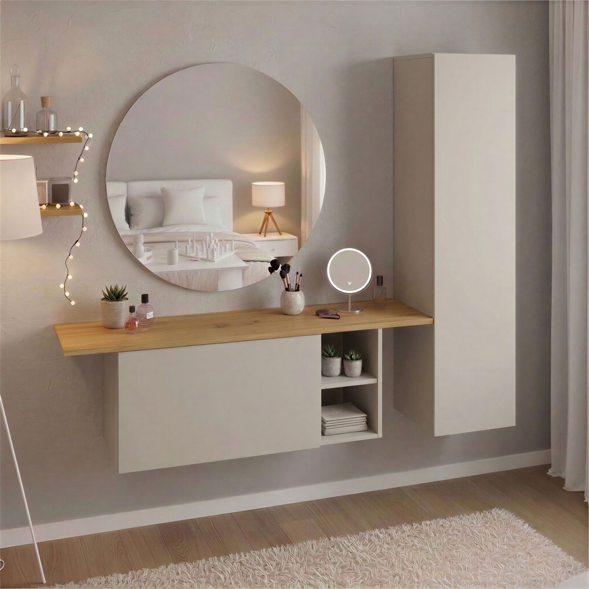 Garderoben-Set BORCHARDT MÖBEL "Toledo, moderne Garderobe mit Spiegel, Schminktisch mit Regalfächern", beige (kaschmir, wotan, eiche), B:152cm H:140cm T:30cm, Holzwerkstoff, Metall, Spiegelglas, Kastenmöbel-Sets, Garderoben-Set, 152x140cm (BxH), viel Stau