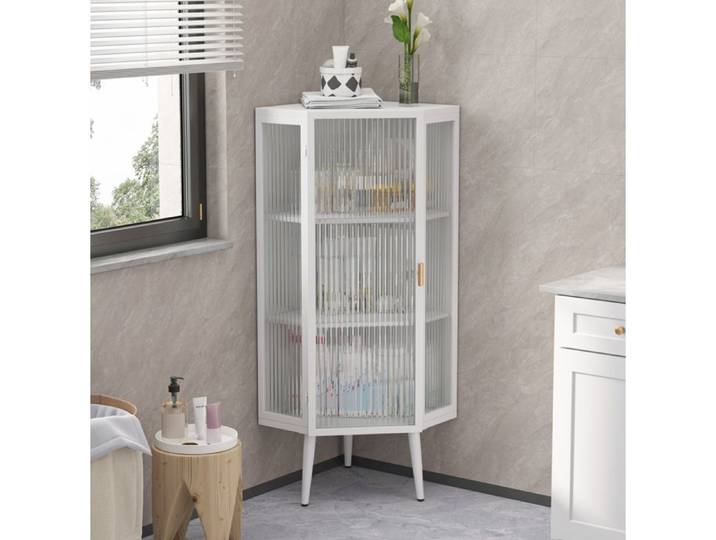 IVMEU Meuble d'angle colonne 3 niveaux blanc porte vitrée en verre trempé et métal 110 cm