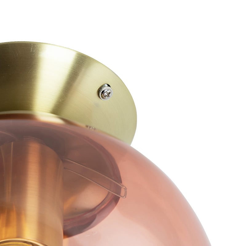 Qazqa Pallon Art Deco Plafondlamp Messing met Roze Glas