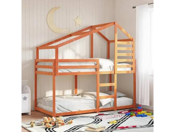 RJPLMFV Etagenbett für Kinder mit Dach Kiefer massiv 90 x 200 cm Design mit Seitentür, Sicherheitsgeländer, ohne Matratze, für Schlafzimmer mit begrenztem Platz