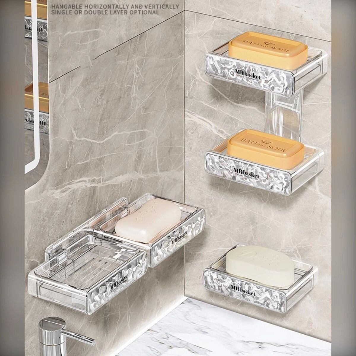 INF Porte-savon mural simple couche de luxe - support savonnette PET auto-adhésif sans perçage, bac égouttoir coulissant,