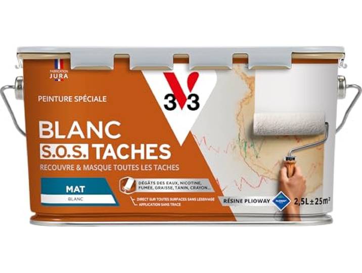 V33 Peinture blanche mur et plafond mat\, FOND ANCIENS TACHES & SALIS\, idéal rénovation\, 2\,5L