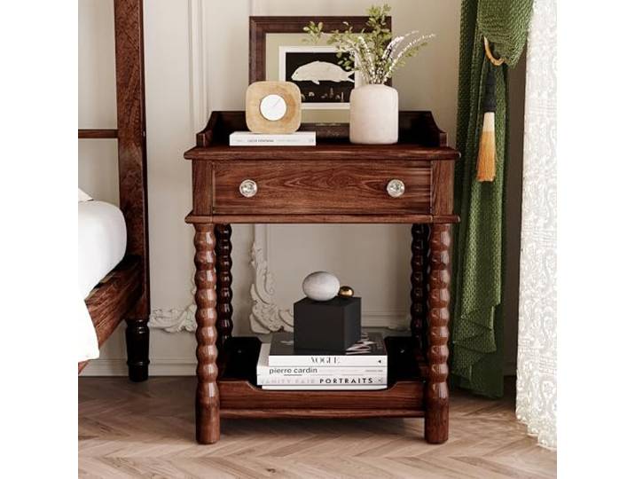 Twwhshf-ou Retro-Nachttisch mit Schublade und Regal, Nachttisch aus Walnussholz for Schlafzimmer