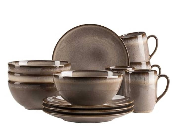 Mäser Serie Smokys Geschirr-Set für 4 Personen, 12 teiliges Frühstückset im Scandi Look, Steinzeug, braun