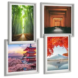 BILDER SET 4er Set - 50x50 cm & 40x60 cm Silberner Rahmen - Fuji-Torii-Bambuswald, Japan