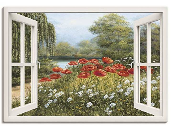 ARTLAND Wanddeko Leinwand Bilder Wandbild Fensterblick Landschaft Blumen Mohnblumen See Blumenwiese Natur F7EN