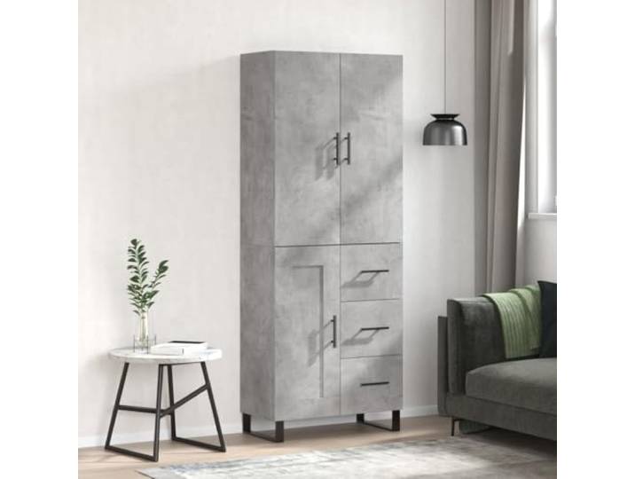 RJPLMFV Anrichte, hoch, 69,5 x 34 x 180 cm, Betongrau, Holz Flügeltüren, Metallfüße, Wandbefestigung inklusive, geräumige Aufbewahrung