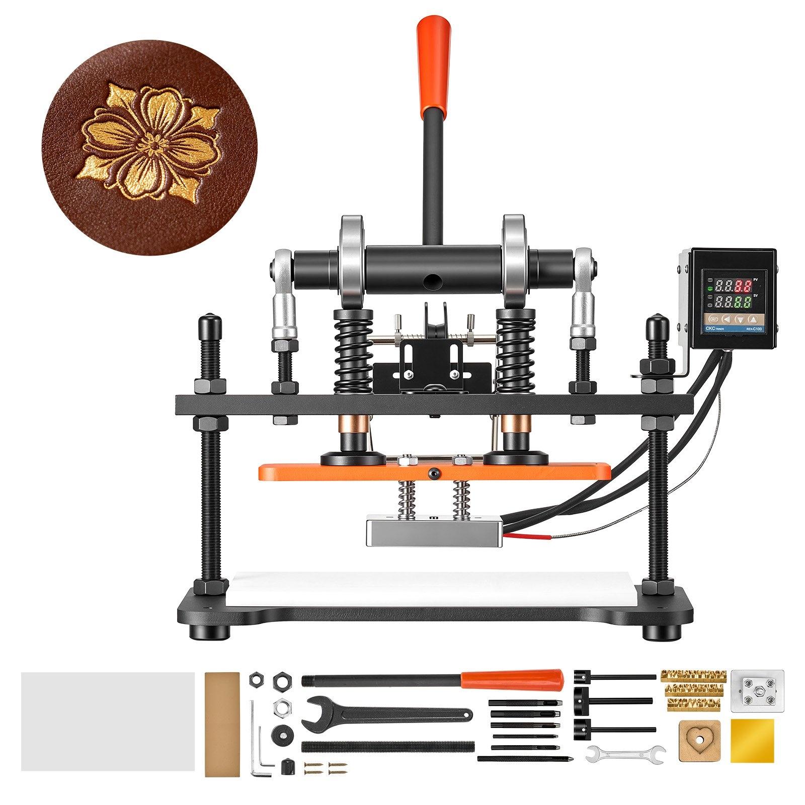 Lederprägemaschine - Beheizte Lederpresse - Prägen und Stanzen - 1,5 t Presskraft - 260 x 120 mm - 12 mm Hub - Digitalbedienfeld - 26 Buchstabenstempel und 50 Heißprägefolien