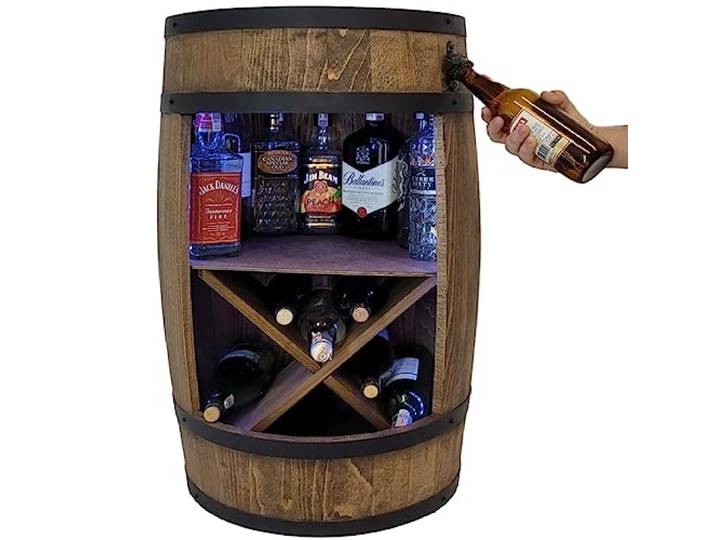 weeco Holzfass mit Flaschenöffner und Weinregal. Fassbar 80cm - Rustikale deko Barschrank - Hausbar RGB Weinrefal, Fassbier, Whisky Bar. Geschenk für Männer (Dunkelbraun/wenge)