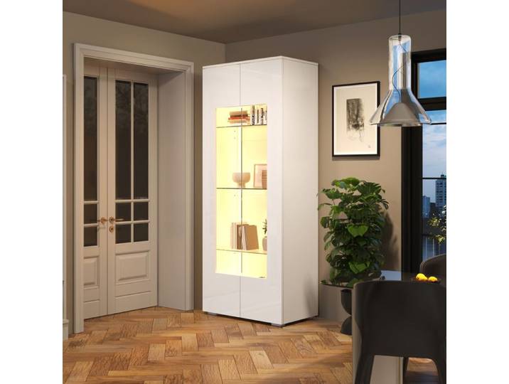 ULEVR Vitrine de salon blanche brillante 70 x 40 x 173 cm 2 portes acrylique LED MDF