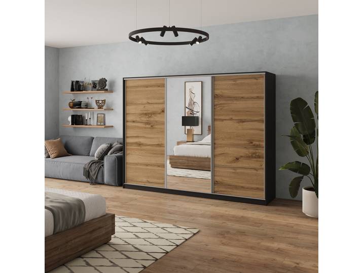 Masseno Schiebetürenschrank SORE 270/205/58cm 3-türig mit Spiegel Schwarz