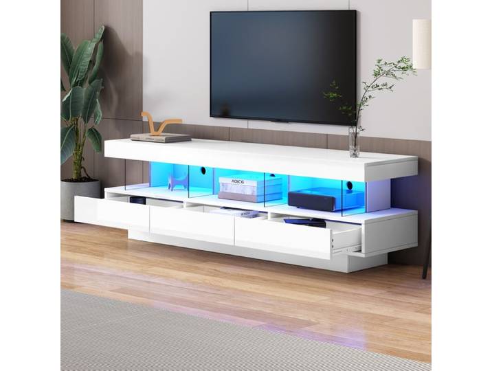 Meuble TV haute brillance avec 3 compartiments en verre - éclairage LED -Contrôle App -connecté Bluetooth-160x38x50.5cm -blanc