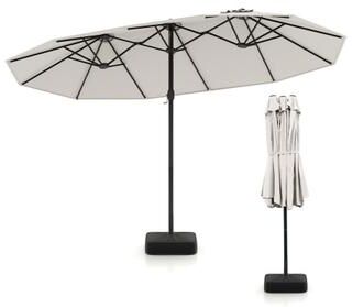 Costway 15 Feet Double-Sided Twin Patio Umbrella with Crank and Base-Beige