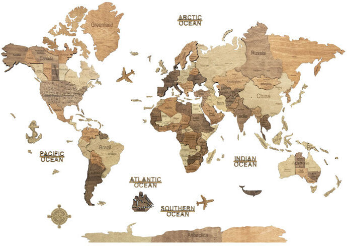 Carte du monde en bois 3D 100 x 80 cm taille M foncée - Creatif Wood