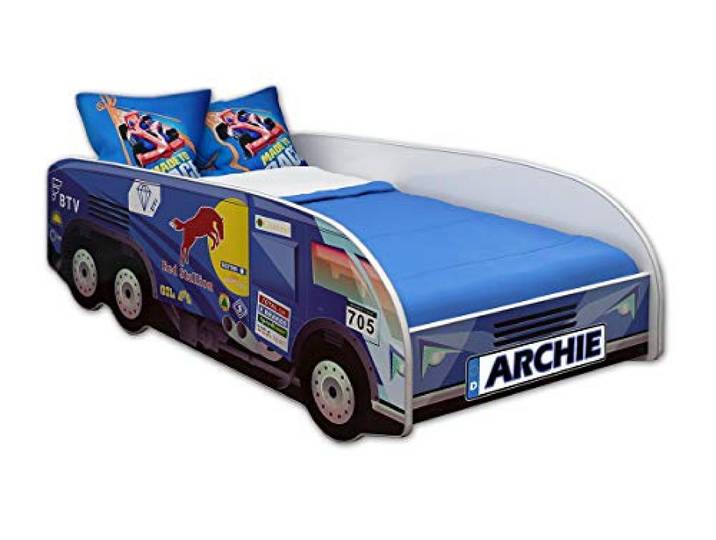 ACMA Kinderbett LKW Truck 140x70 cm Autobett Juniorbett für Kinder mit Matratze und Lattenrost, Spielbett mit Rausfallschutz, Kinderzimmer Bettmöbel, Design 08 Renn-LKW + Name