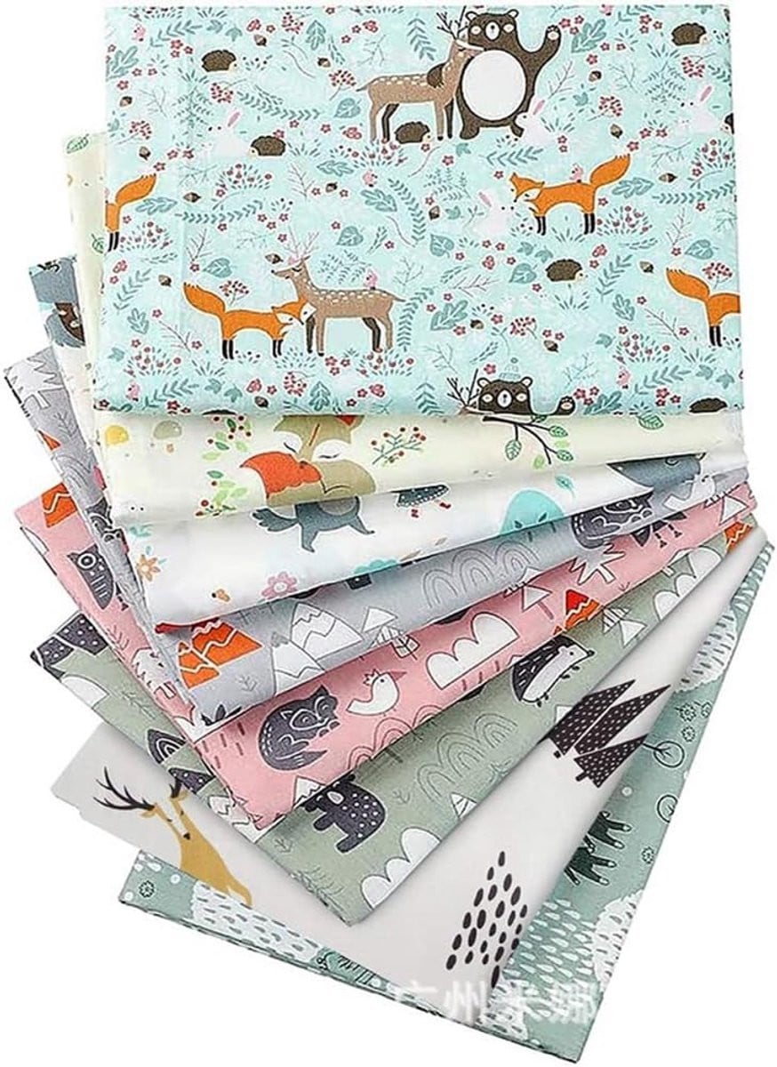 Stofpakket met 8 stuks katoenen patchworkstof dierserie, 50 x 50 cm per stuk