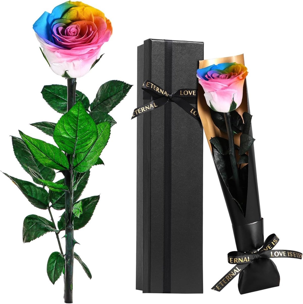 Eternal Rainbow Roos met Echte Steel - Handgekleurde Decoratieve Bloem in Doos voor LGBTQ+ Feesten en Pride
