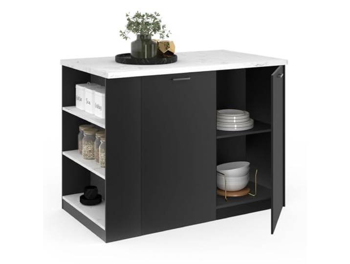 IDMarket - Zentralinsel TIBO 120 cm schwarzes Holz mit Arbeitsplatte in Marmoroptik Alaska