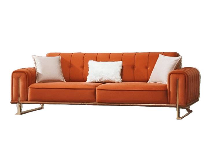 JVmoebel 3-Sitzer Orangene Chesterfield Couch mit Edelstahlfüßen und Zierkissen, 1 Teile, Made in Europa