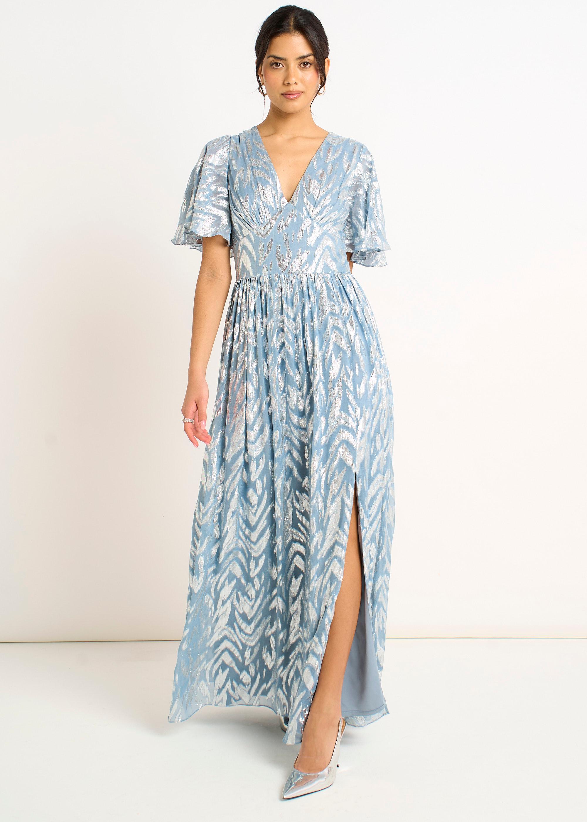 Blaues Metallic-Folien-Print Maxikleid mit kurzen Ärmeln