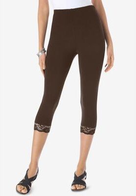Plus Size Women's Lace Trim Essential Stretch Capri Legging by Roaman's in Chocolate (Size S) Activewear Workout Yoga Pants