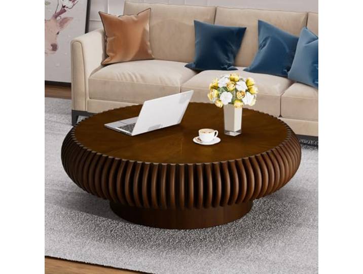 RZTPYS Moderner Trommel-Couchtisch, Runder Holztisch, Walnut 80CM Kreisrunder Akzenttisch Mit Geriffelter Oberfläche, Für Wohnzimmer, Wohnung, Büro, Kleine Räume, Einfache Montage