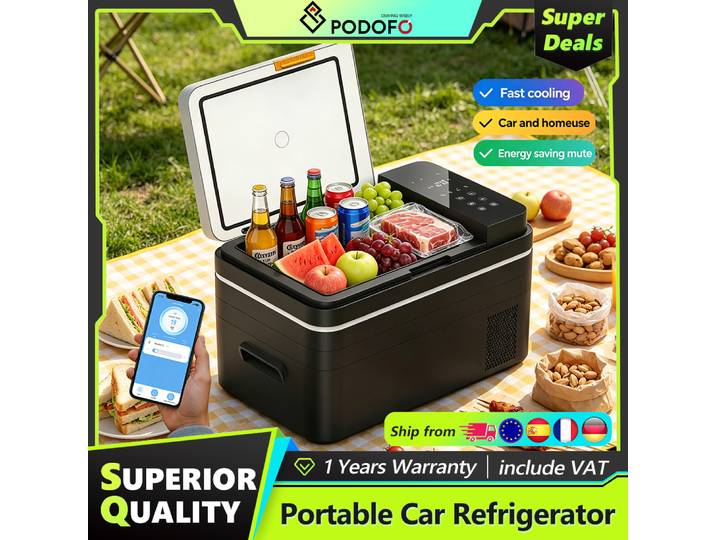 Réfrigérateur portable Podofo 20L/25L/30L 12 volts, refroidisseur électrique à compresseur 12V/24V DC 110-240V AC, congélateur pour la maison, les voyages et les camions