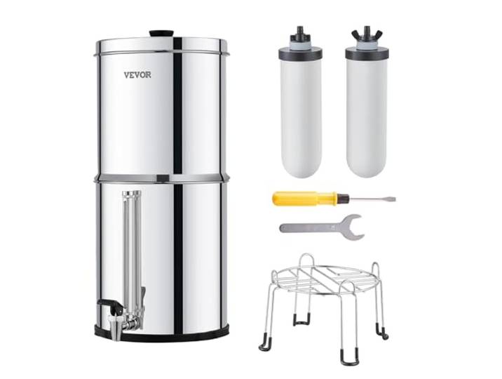 VEVOR Système de Filtration d'Eau par Gravité 8\,5 L\, Filtre à Eau par Gravité Réduction du Plomb et jusqu'à 99% du Chlore\, en Inox 304\, 2 Filtres à Charbon et Céramique\, Niveau d’Eau\, Robinet