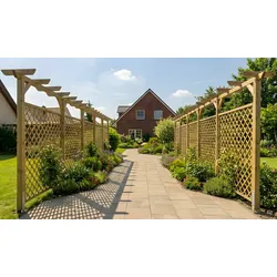 Holzpergola Bausatz mit 450 cm Länge – Kiefer/Fichte, druckimprägniert, 9 x 9 cm Pfosten, 9 x 4,5 cm Reitern, Sattelbalken & Kopfbändern, für Garten
