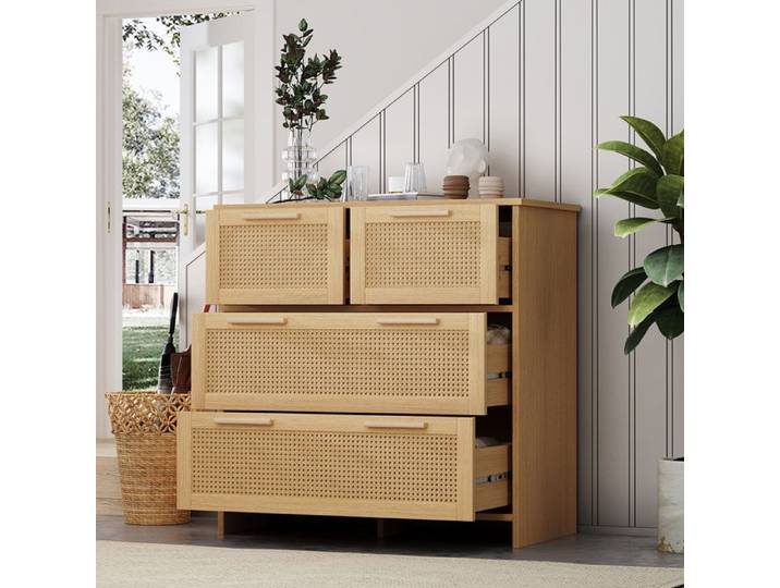 Commode Armoire en rotin 4 tiroirs Poignées en bois massif Pour chambre salon couloir Naturel 80×80×38 cm