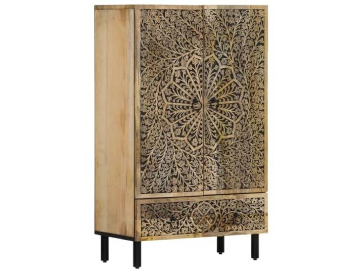 KKgypkn Highboard 60x33x100 cm Massivholz Mango Eisenbeine, handgeschnitztes Blumenmuster, Retro-Stil, viel Stauraum