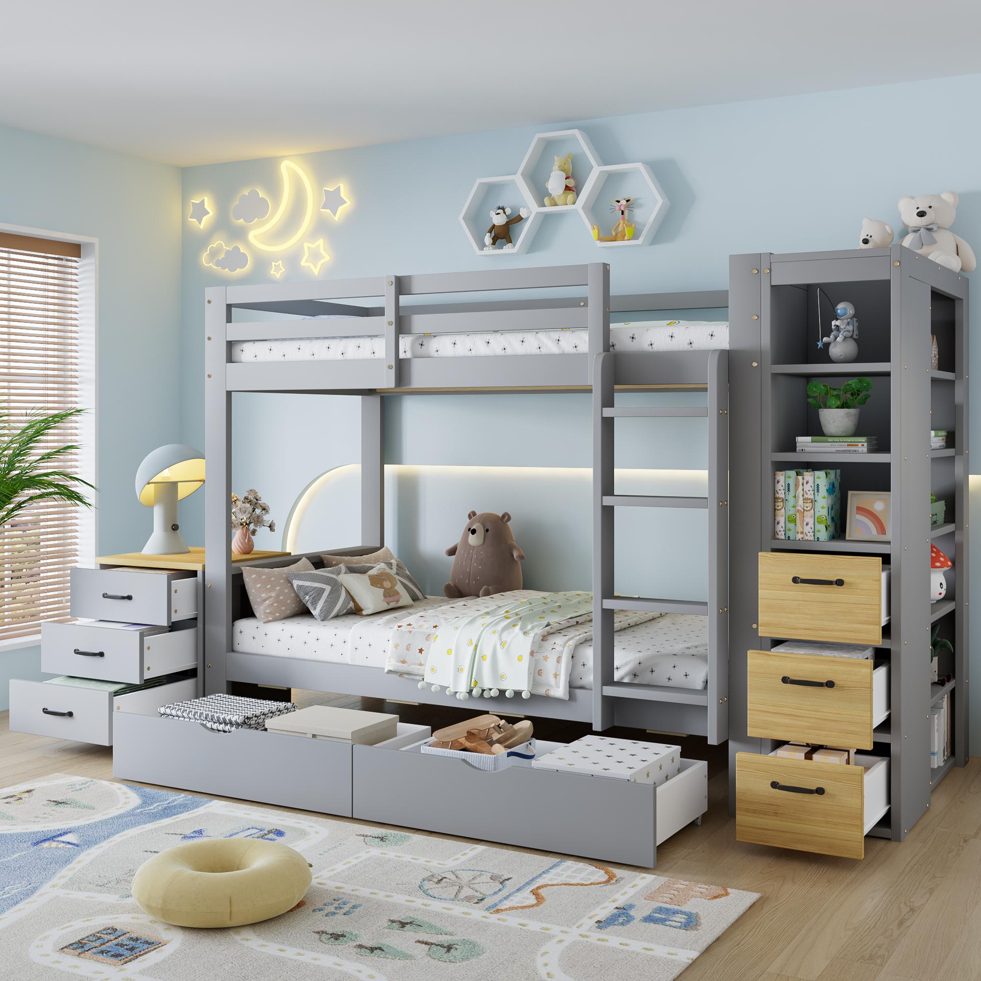 Etagenbett 90x200 cm aus Holz, 2 Bettkästen, Seitenregal, Schubladen, Leiter, Nachtkommode (Light Grey+Natural)
