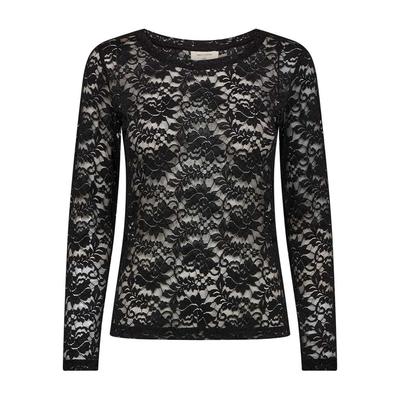Langarmshirt FREEQUENT "Style Saldo", Damen, Gr. L, schwarz, Spitze, Obermaterial: 95% Polyamid, 5% Elasthan, unifarben, körpernah hüftbedeckend, Rundhals, abgesteppte Kante, Shirts Langarmshirt, mit Spitzen-Details / Transparenter Look