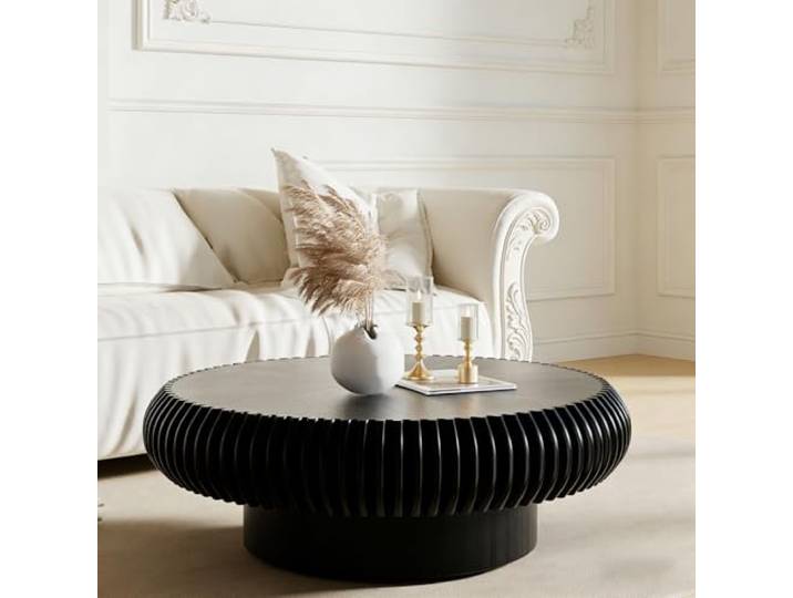 Trommelförmiger Couchtisch Mit Rillenmuster Moderner, Einzigartiger Runder Couchtisch Runder Holztisch Im Mid-Century-Stil Mit Stabilem Sockel Für Wohnzimmer Und Kleine Wohnungen,Black 39.4 inch